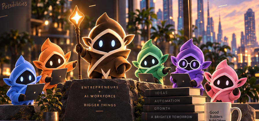 The illustrated Brownie family: little hooded teammates with glowing eyes, books, laptops, and Chief’s star staff.
